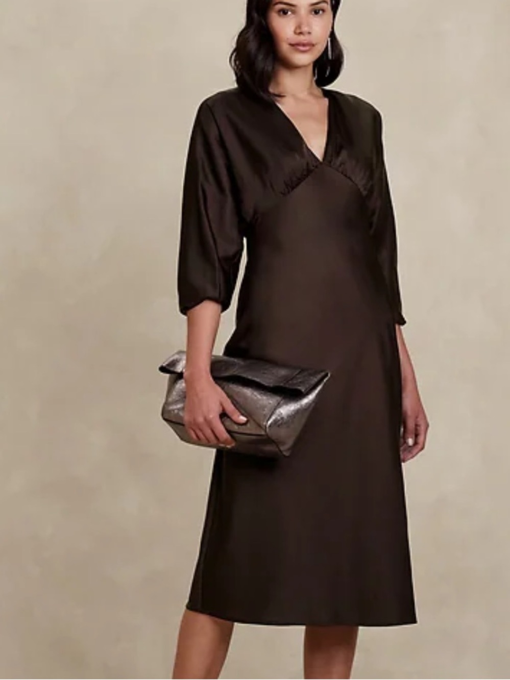 NEW Banana Republic Women’s Brown Bloussant-Sleeve Midi Dress Size 4P